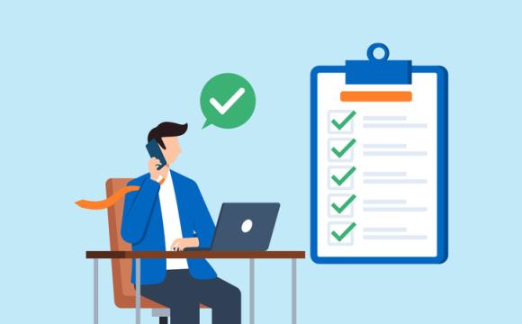 Flat illustration of business consultant solving issues on phone call with checklist and laptop