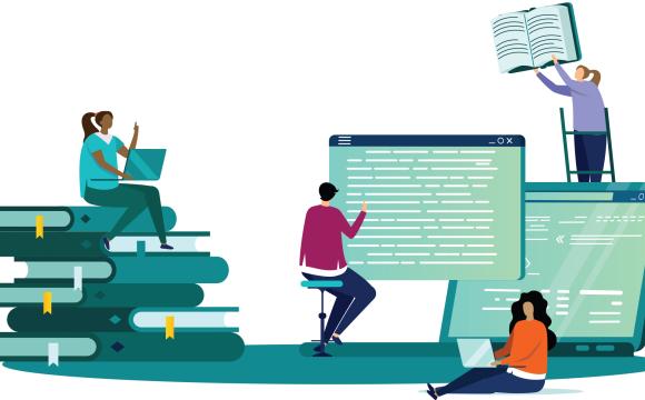 people on books and at screens