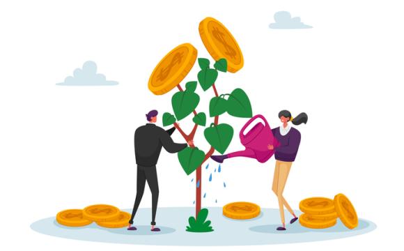 Business Man and Woman Characters Watering Money Tree