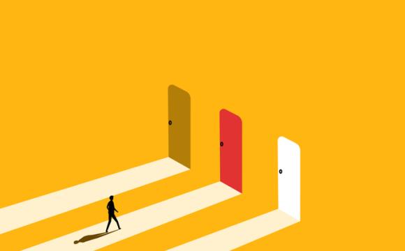 Having a goal, inspiration, choosing success. Businessman chooses the red door stock illustration
