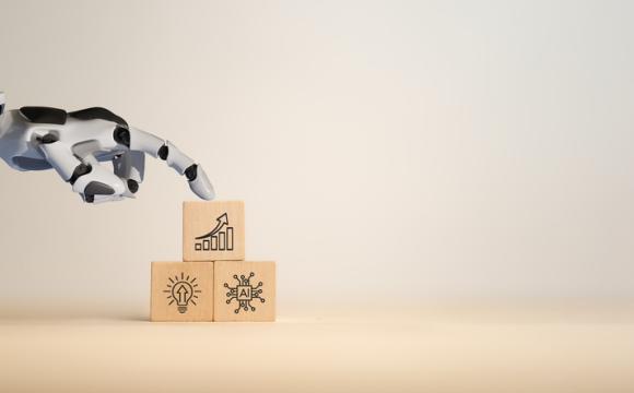 Future growth with AI Powered innovation, business growth concept. AI adoption for business. Robot hand and wooden blocks with growth, innovation and AI investment, productivity icons. stock photo