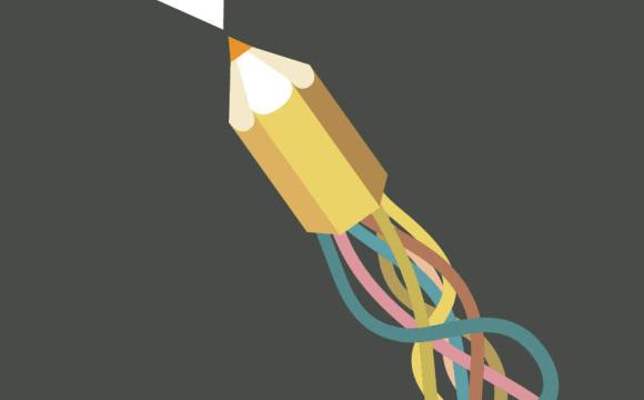 pencil on a gray background with colorful streamers