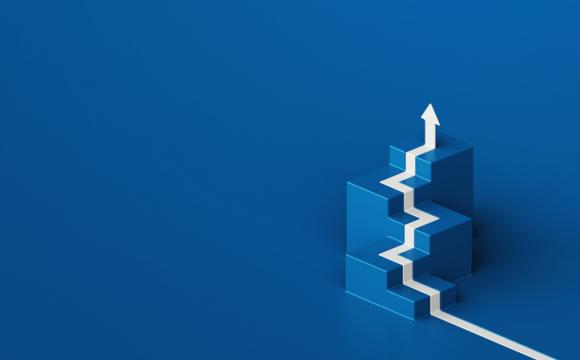 White arrow flows on cube stair shape against blue backdrop, business way concept