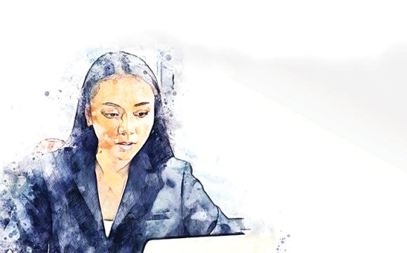 drawing of a girl on a laptop with a mug sitting next to her