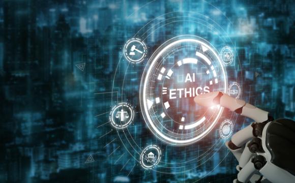  Words AI Ethics appear in digital background with robotic finger touching words