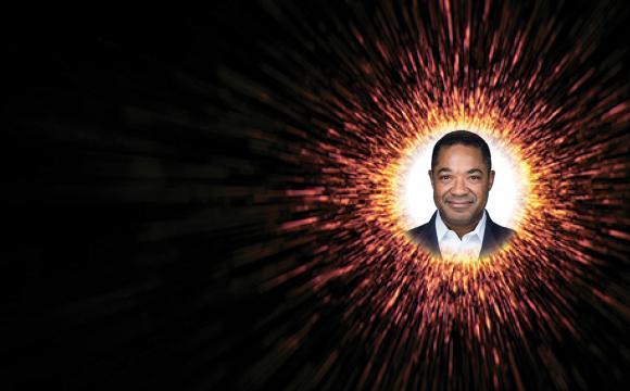 burst of light with a man's photo