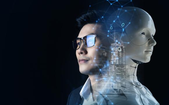 Human and robot future technology, futuristic abstract innovation man control robot