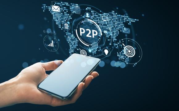 Person holding smartphone with digital P2P financial technology interface on global map background