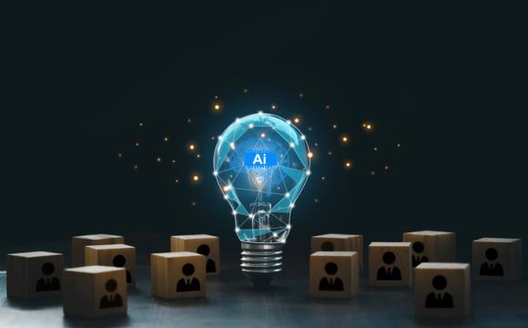 AI adoption and working. AI with a digital brain in a lightbulb with human icons in wooden blocks