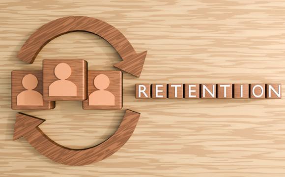 3D rendering of RETENTION on cube tiles, person icons and circular arrows. stock photo